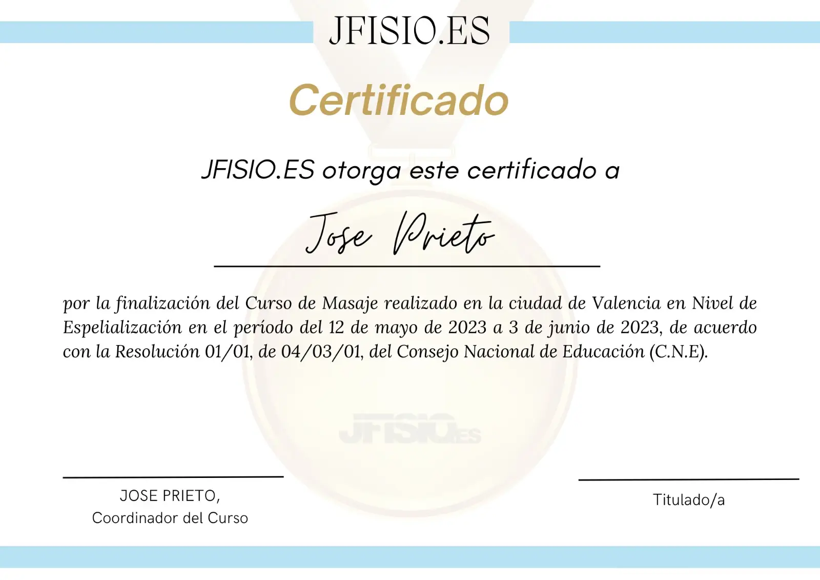 Diploma de masaje. Titulo de quiromasaje jfisio.es